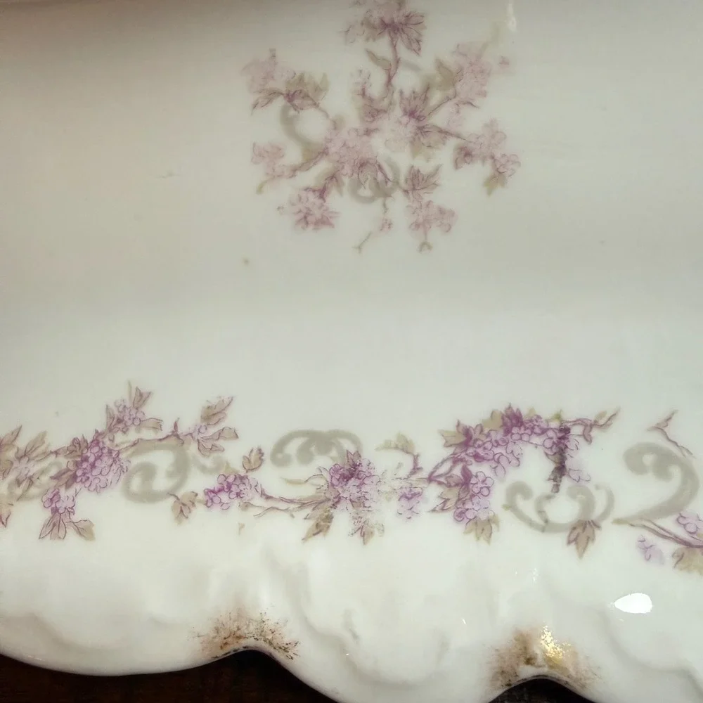 A. Lanternier Limoges Antique Celery Relish Dish Floral Scalloped Gold Puple VTG